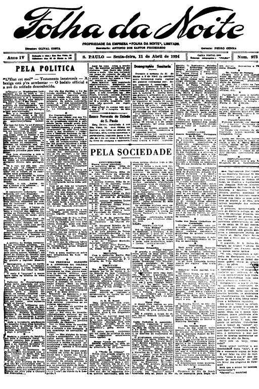 Primeira Página da Folha da Noite de 11 de abril de 1924