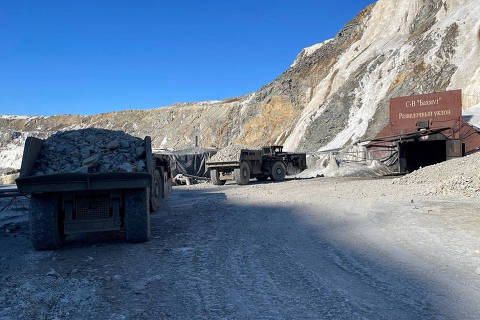 A view shows trucks during search and rescue operations at the Pioneer gold mine, where miners were trapped after a rock fall, in the Amur Region, Russia March 19, 2024. Russian Emergencies Ministry/Handout via REUTERS ATTENTION EDITORS - THIS IMAGE WAS PROVIDED BY A THIRD PARTY. NO RESALES. NO ARCHIVES. MANDATORY CREDIT. ORG XMIT: M001