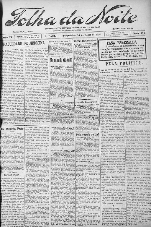 Primeira Página da Folha da Noite de 15 de abril de 1924