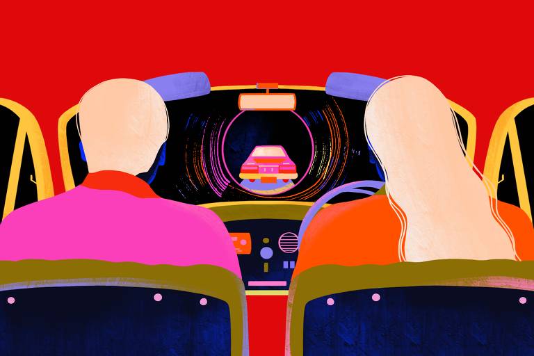 arte ilustra duas pessoas de costas em um carro. pelo para-brisa, é possível ver um buraco negro