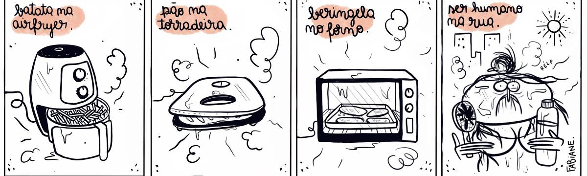 A tira Viver Dói, de Fabiane Langona, publicada em 20/03/2024 é composta de quatro quadros. No quadro 1, vemos a parte de interna de uma airfryer com batatas palito dentro. No quadro 2, vemos parte de um pão saindo de uma torradeira. No quadro 3, vemos a parte interna de um forno e berinjelas em tiras  assando em uma forma. No quadro seguinte, vemos uma pessoa suando muito com um mini-ventilador portátil em uma mão, e uma garrafa d'água na outra. Ao fundo, vemos a cidade e um de sol emitindo seus raios fritantes.  No quadro 1, uma legenda narrativa diz: Uma batata n airfryer. No quadro 2, uma legenda narrativa diz: Um pão na torradeira. No quadro 3, uma legenda narrativa diz: Berinjela no forno. No quadro 4, uma legenda narrativa diz: Ser humano na rua.