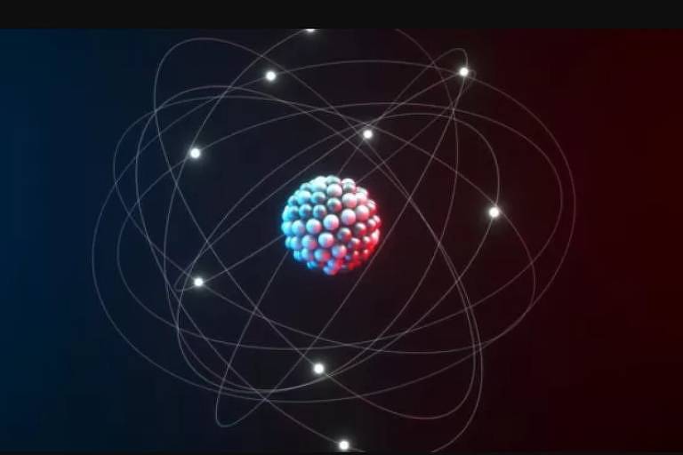 Ilustração de um átomo, com o núcleo cercado por vários elétrons