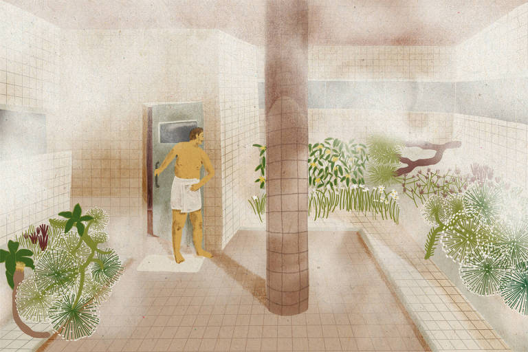 arte ilustra uma sauna cheia de névoa/vapor. há plantas espalhadas e uma pessoa entrando de toalha pela porta