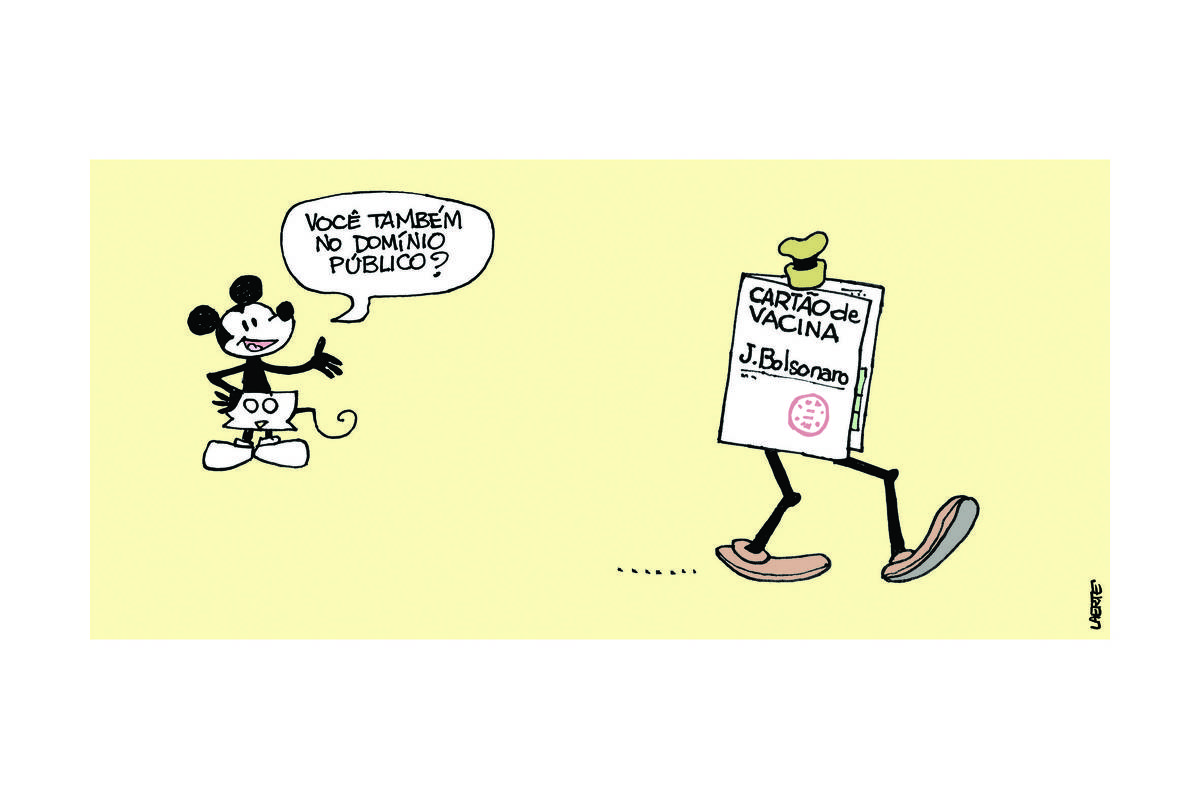O Mickey da Disney que foi colocado recentemente em domínio público fala com uma personagem que é um cartão dobrado - esse cartão tem duas pernas compridas e sapatos enormes, iguais aos do Pateta. Ele também usa um chapéu idêntico ao do Pateta. Nele está escrito “CARTÃO DE VACINA” E “J. BOLSONARO” - também consta um carimbo. Mickey o vê e pergunta: “Você também no domínio público?”