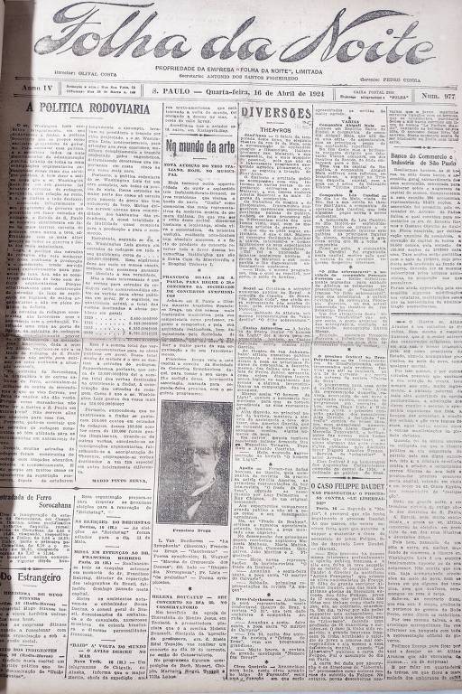 Primeira Página da Folha da Noite de 16 de abril de 1924