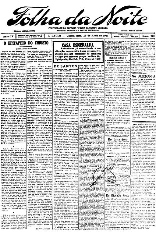 Imagem da Primeira Página da Folha da Noite de 17 de abril de 1924
