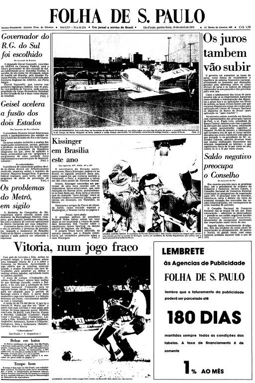Imagem da Primeira Página da Folha de 18 de abril de 1974
