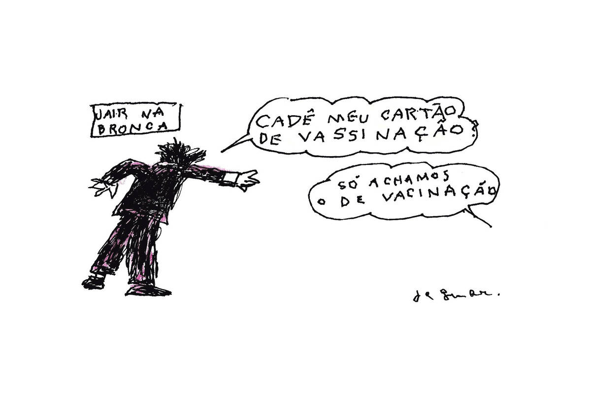 Charge do cartunista Jaguar, publicada na página A2 do jornal Folha de S.Paulo, em 22 de março de 2024, sobre o cartão de vacinação do Bolsonaro. A ilustração mostra uma figura vestida de terno preto, de costas, à esquerda, com o bolão de fala "cadê meu cartão de vassinação (sic)?" Logo abaixo, um balão de fala "Só achamos o de vacinação" 