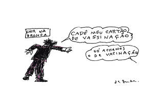 Charge do cartunista Jaguar, publicada na página A2 do jornal Folha de S.Paulo, em 22 de março de 2024, sobre o cartão de vacinação do Bolsonaro. A ilustração mostra uma figura vestida de terno preto, de costas, à esquerda, com o bolão de fala 
