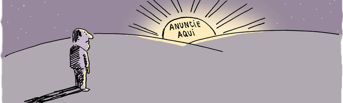 A tira de André Dahmer, publicada em 21.03.2024, tem apenas um quadro. Nele, um homem assiste ao nascer do sol. Ele tem um semblante triste. No sol, é possível ler a frase "Anuncie aqui".