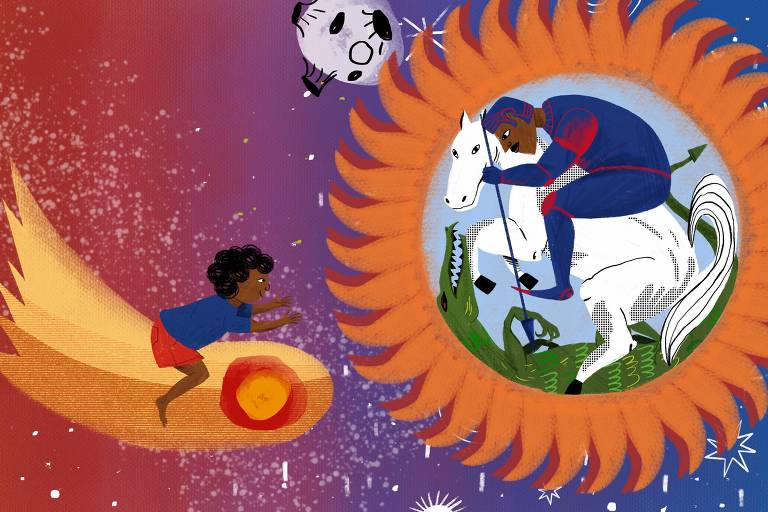 ilustração de criança num cometa indo para a lua visitar santo negro montado em cavalo branco