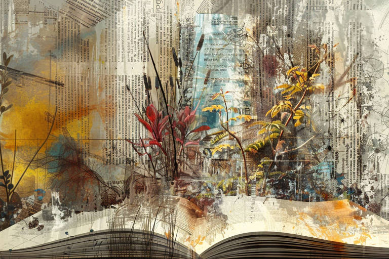 Ilustração mostra um livro aberto e ramos de flores sobre ele