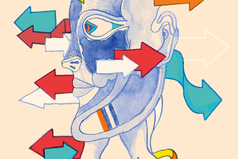 Imagem de uma cabeça humana na cor azul e várias setas coloridas em tamanhos e direções diferentes