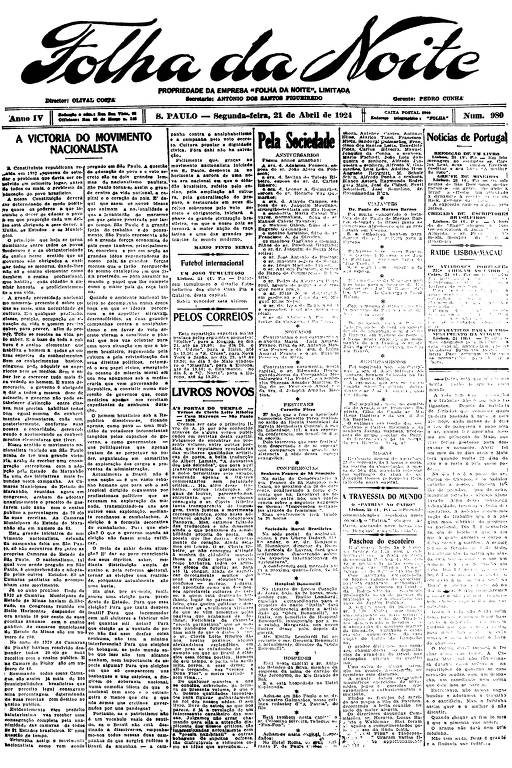 Primeira Página da Folha da Noite de 21 de abril de 1924