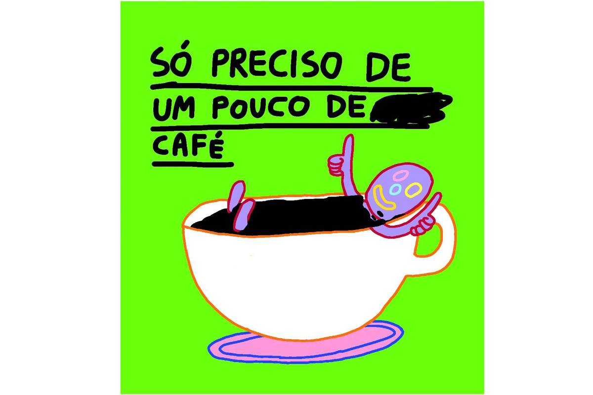 Só preciso de um pouco de café é texto que acompanha um boneco numa xícara de café