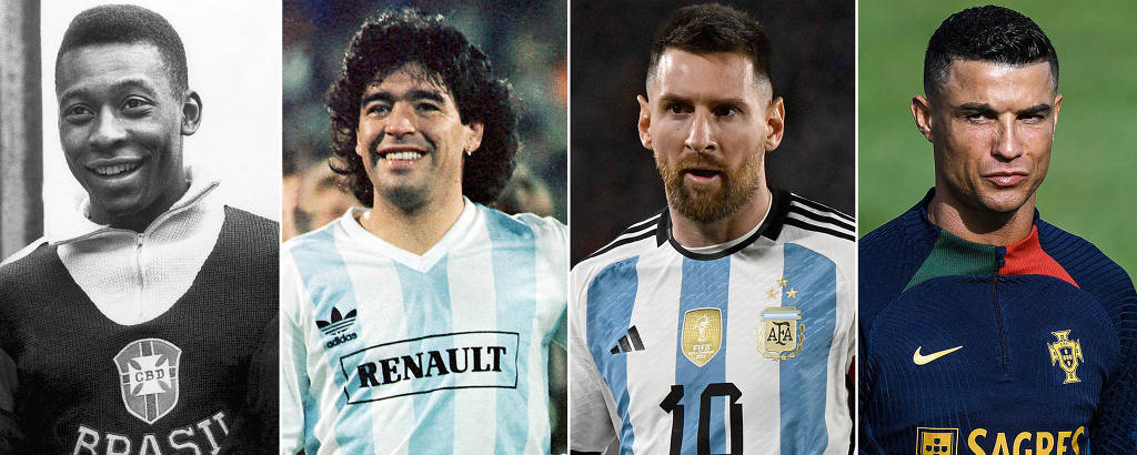Imagens do rosto e parte do corpo de Pelé, Maradona, Messi e Cristiano Ronaldo, com uniformes de suas respectivas seleções