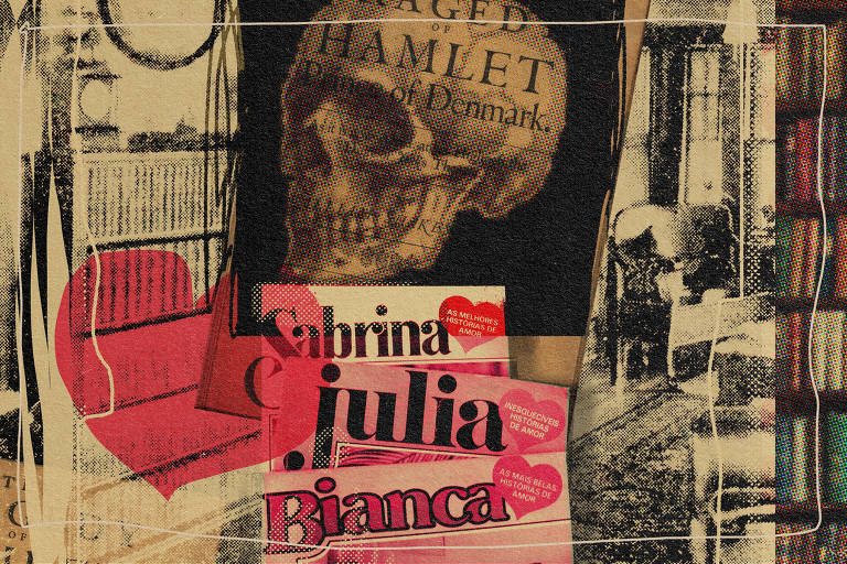 Na colagem digital de Marcelo Martinez, elementos gráficos mesclando uma edição do clássico Hamlet, de Shakespeare, com capas das publicações populares Bianca, Sabrina e Júlia.