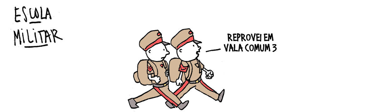 A tira de André Dahmer, publicada em 25.03.2024, tem apenas um quadro. Sob o título de "Escola Militar", dois meninos caminham uniformizados, de quepes e mochilas. Um deles diz: "Reprovei em Vala Comum 3".