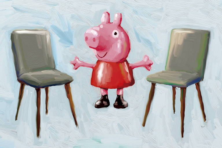 A ilustração de Adams Carvalho, publicada na Folha de São Paulo no dia 24 de Março de 2024, mostra o desenho de duas cadeiras frente a frente com uma grande boneca da personagem de desenhos animados 'Peppa Pig' entre elas.