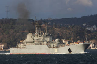 The Russian Navy landing ship Yamal sets sail in Istanbul's Bosphorus