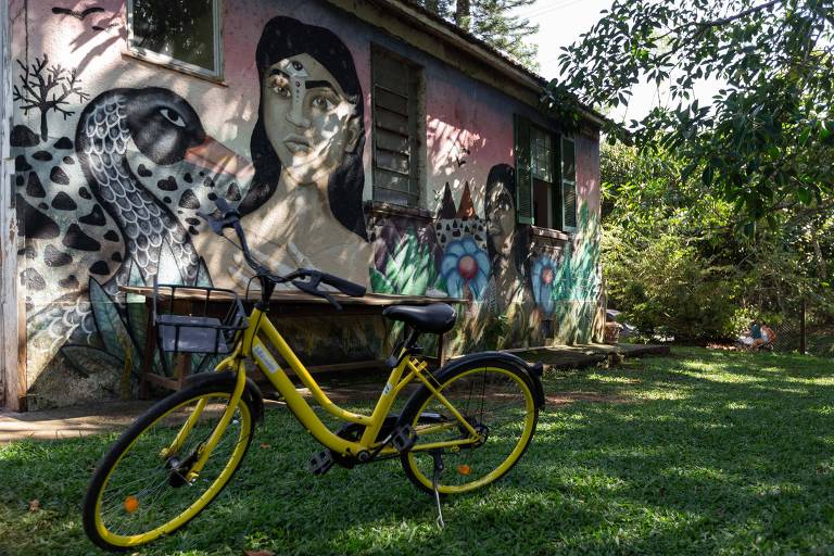 Bicicleta amarela é vista parada em frente a uma casa com grafite e jardim ao redor.