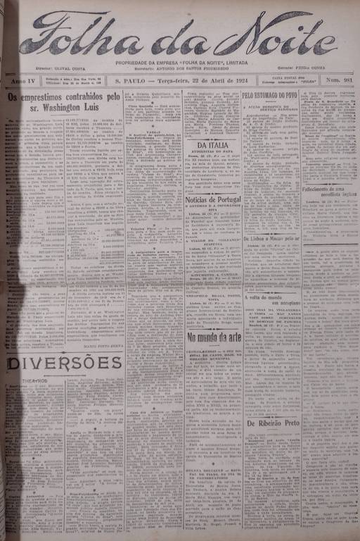 Primeira Página da Folha da Noite de 22 de abril de 1924