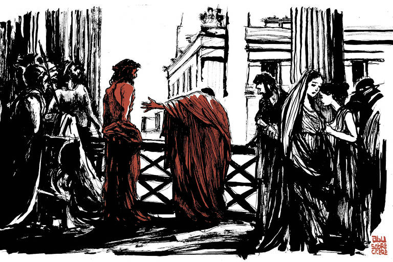 Releitura da pintura "Ecce Homo", de 1871, do italiano Antonio Ciseri, onde o Rei Pilatos, da sacada de seu palácio, tendo o próprio Cristo ao lado, apresenta seu veredito ao público.