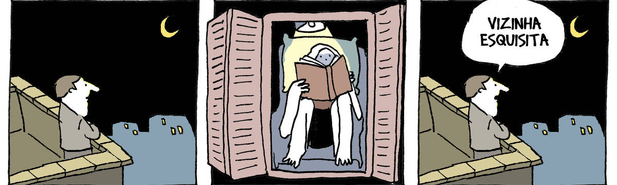 A tira de André Dahmer, publicada em 23.03.2024, tem três quadrinhos. No primeiro, um homem está em uma sacada. É noite. No segundo quadro, pode-se observar uma mulher através de uma janela. Ela lê um livro. No terceiro e último quadrinho, O homem comenta: "Vizinha esquisita".