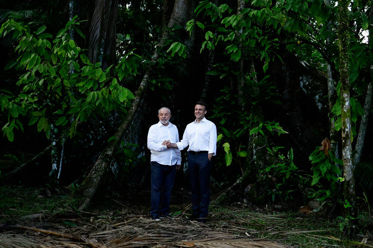 Lula e Macron com a floresta ao fundo