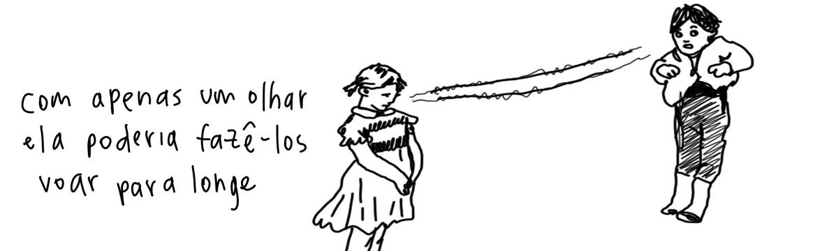 A tirinha em preto e branco de Estela May, publicada em 28/03/24, traz uma menina fazendo um menino voar ao olhar para ele. À esquerda da imagem, “com apenas um olhar ela poderia fazê-los voar para longe”