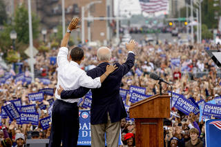 Sen. Barack Obama, the Democrat presidential candidate, and his running mate Sen. Joe Biden during a campaign rally in Greensboro, N.C., on Sept. 27, 2008. (Doug Mills/The New York Times)