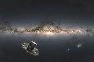 In an image from the European Space Agency, an artist's impression of the Gaia spacecraft. The spacecraft has improved scientists ability to track the movements of stars just beyond the solar system since its launch in 2013. (European Space Agency via The New York Times)