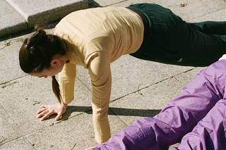 A plank done in a push-up position, on hands and toes, but that can also be done in a standing position, in Amsterdam, March 3, 2024. (Melissa Schriek/The New York Times)