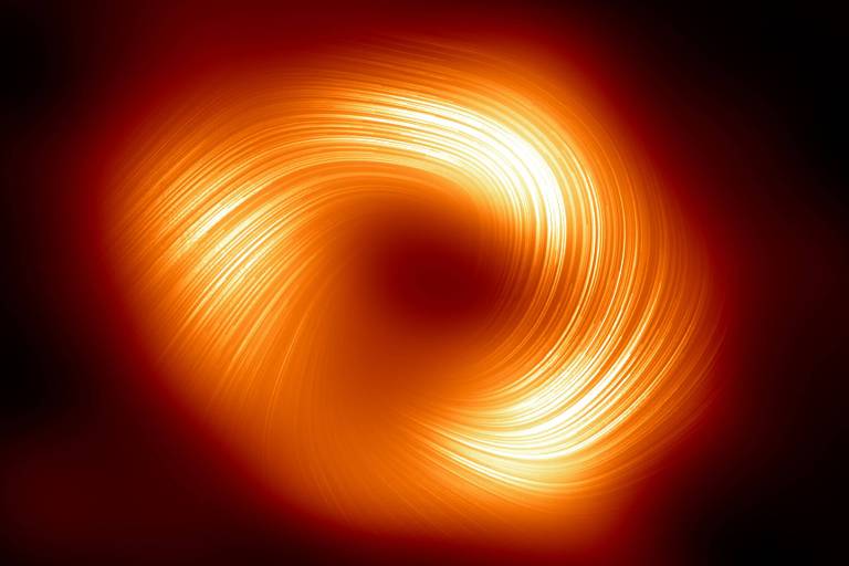 Linhas marcam a orientação da polarização relacionada ao campo magnético ao redor da sombra do buraco negro supermassivo Sagitário A*, localizado no centro da Via Láctea
