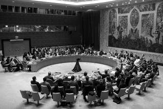 Members of the United Nations Security Council vote on a Gaza resolution that demands an immediate ceasefire, in New York