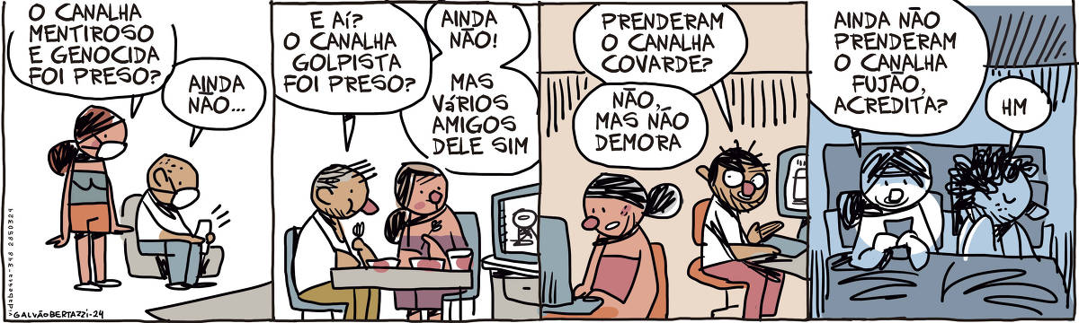 A tira de Galvão Bertazzi se chama Vida Besta e está dividida em quatro quadros. No primeiro quadro um casal está conversando. AMbos usam máscaras contra covid e o homem está segurando um celular. A moça pergunta: O canalha mentiroso e genocida foi preso? O homem responde: Ainda não. No segundo quadro, o mesmo casal, agora um pouco mais velho está almoçando enquanto assiste televisão. O homem pergunta: E aí? O canalha golpista foi preso? A moça responde: Ainda não! Mas vários amigos dele sim. No terceiro quadro o casal está trabalhando, cada um em seu computador. O homem agora mais velho e mais cabeludo pergunta: Prenderam o canalha covarde? A moça com o cabelo mais branco responde: Não, mas não demora... No quarto quadro, o casal está deitado na cama, num quarto escuro. A mulher segura um celular e diz: Ainda não prenderam o canalha fujão, acredita?! O homem deitado de lado e já dormindo só resmunga: Hm