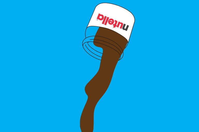 Uma ilustração colorida sobre um fundo azul de um pote no topo da página derramando Nutella