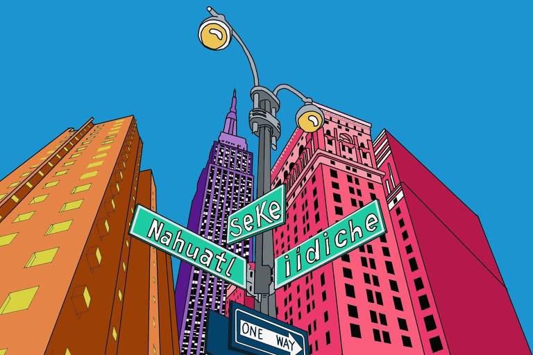 A ilustração de Annette Schwartsman, publicada na Folha de São Paulo no dia 31 de março de 2024, mostra, sobre um céu azul celeste, um cruzamento da cidade de Nova York; ao fundo, no centro, se vê o Empire State Building; à esquerda, um edifício imponente e à direita, outro; em primeiro plano, um poste de iluminação tem quatro placas, uma de sentido único e três de indicação que estampam nahuatl (à esquerda), seke (no centro) e iídiche (à direita).