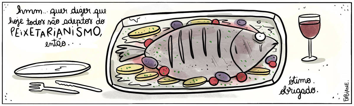 A tira Viver Dói, de Fabiane Langona, publicada em 29/03/2024 é composta por um único quadro. Nele, vemos uma travessa com um peixe assado envolto por batatas, tomates cereja, azeitonas e salsas picadinhas. O peixe, por sua vez, mostra-se ironicamente chateado. Ao redor da travessa há um prato, um garfo, uma faca e uma taça de vinho.