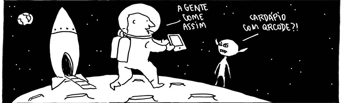 A tira de André Dahmer, publicada em 29.03.2024, tem apenas um quadro. Nele, um astronauta está em outro planeta e mostra um tablet para um habitante de lá. Ele diz "A gente come assim" e o extraterrestre responde "Cardápio em QRCode?!"