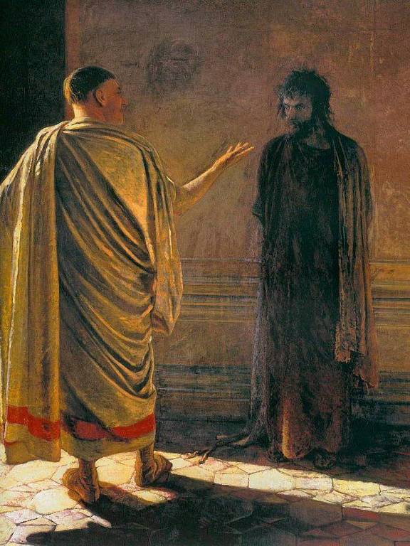 Pilatos interroga Jesus, em pintura de 1890 do russo Nikolai Ge