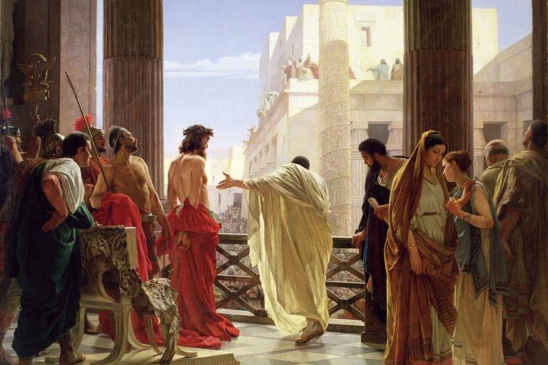 Pilatos apresenta Jesus à multidão judaica, em pintura de 1850, do suíço-italiano Antonio Ciseri