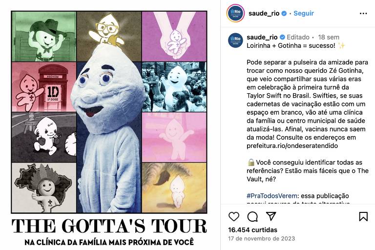 A equipe também aproveita eventos que estão em alta para aumentar o engajamento; nessa postagem, a referência é à turnê The Eras Tour, da cantora Taylor Swift, que veio ao Brasil no fim de 2023