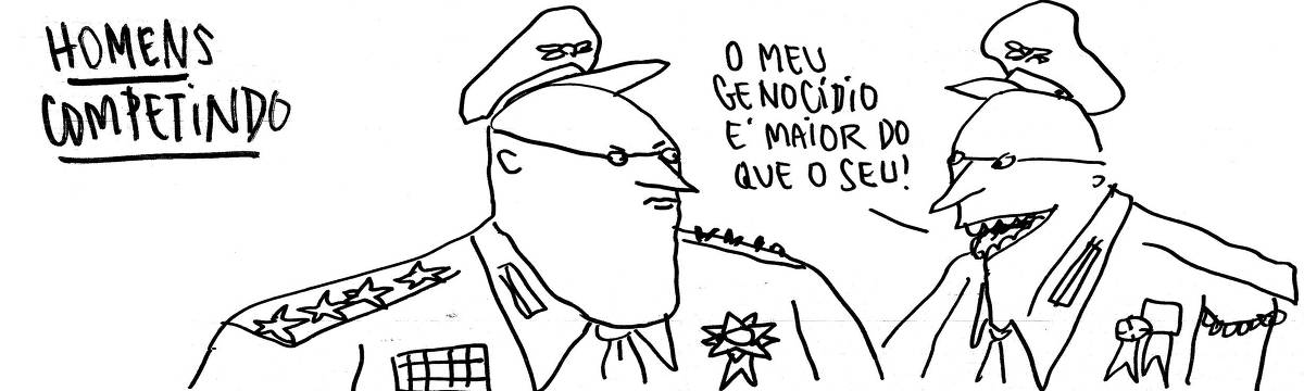 A tira de André Dahmer, publicada em 30.03.2024, tem apenas um quadro. Intitulado "Homens competindo", o quadro desenho mostra dois militares. Um, chateado, escuta o outro falar: "O meu genocídio é maior do que o seu".