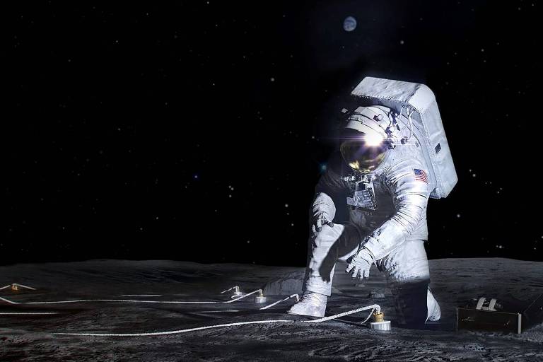 Concepção artística de astronauta instalando instrumento na superfície da Lua