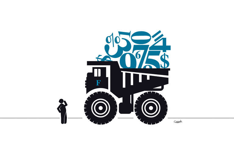 A figura pequenina de um idoso observa um gigantesco caminhão com um "F" na porta e uma carga de números e cifrões. O fundo é branco.