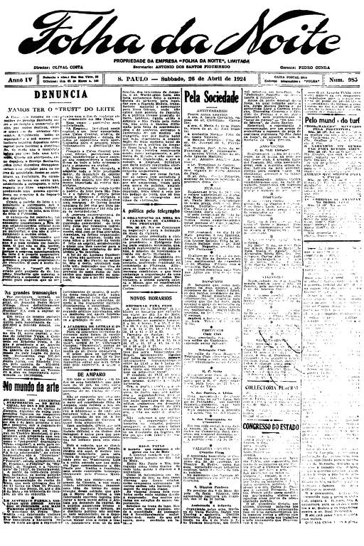 Primeira Página da Folha da Noite de 26 de abril de 1924