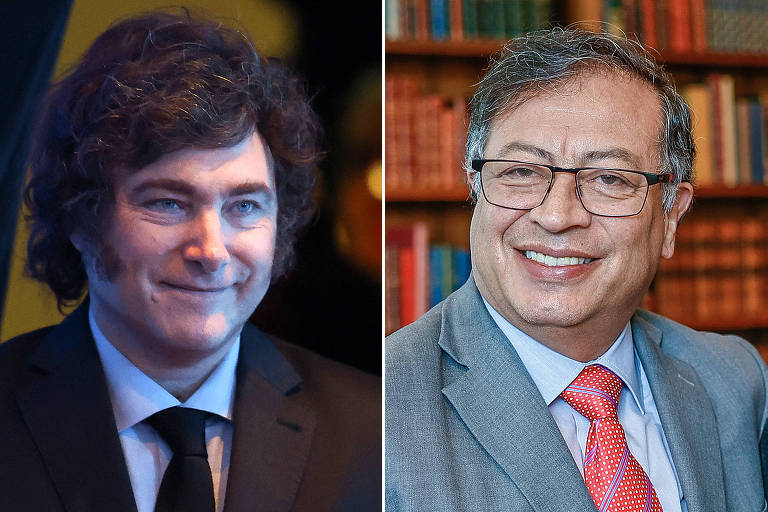 Os presidentes da Argentina, Javier Milei (esq.), e da Colômbia, Gustavo Petro