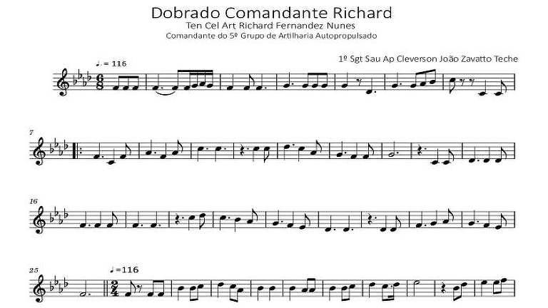 Imagem mostra partitura de música militar em homenagem ao general Richard Nunes