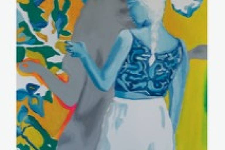 Obra que mostra mulher de costas, de rabo de cavalo, com fundo amarelado